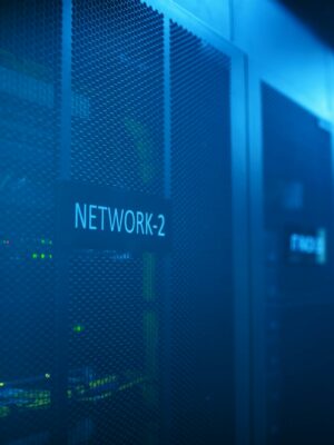 A modern server room featuring network equipment with blue illumination. Ideal for technology themes.